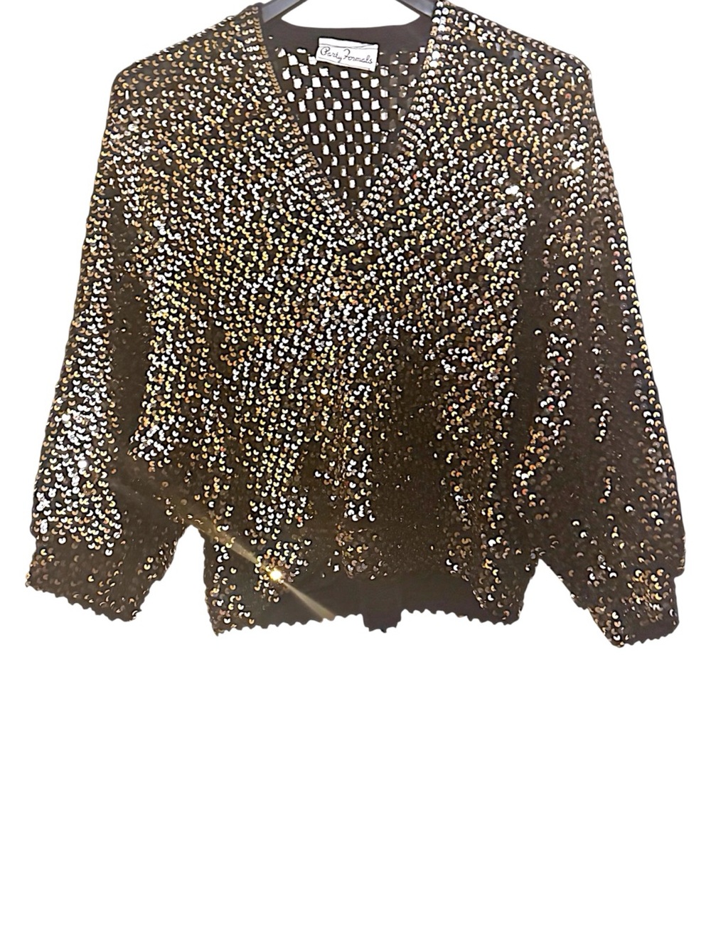 Party Formals 80’s Black & Metallic Sequins Open-Work Weave V-Neck Sweater Sz L